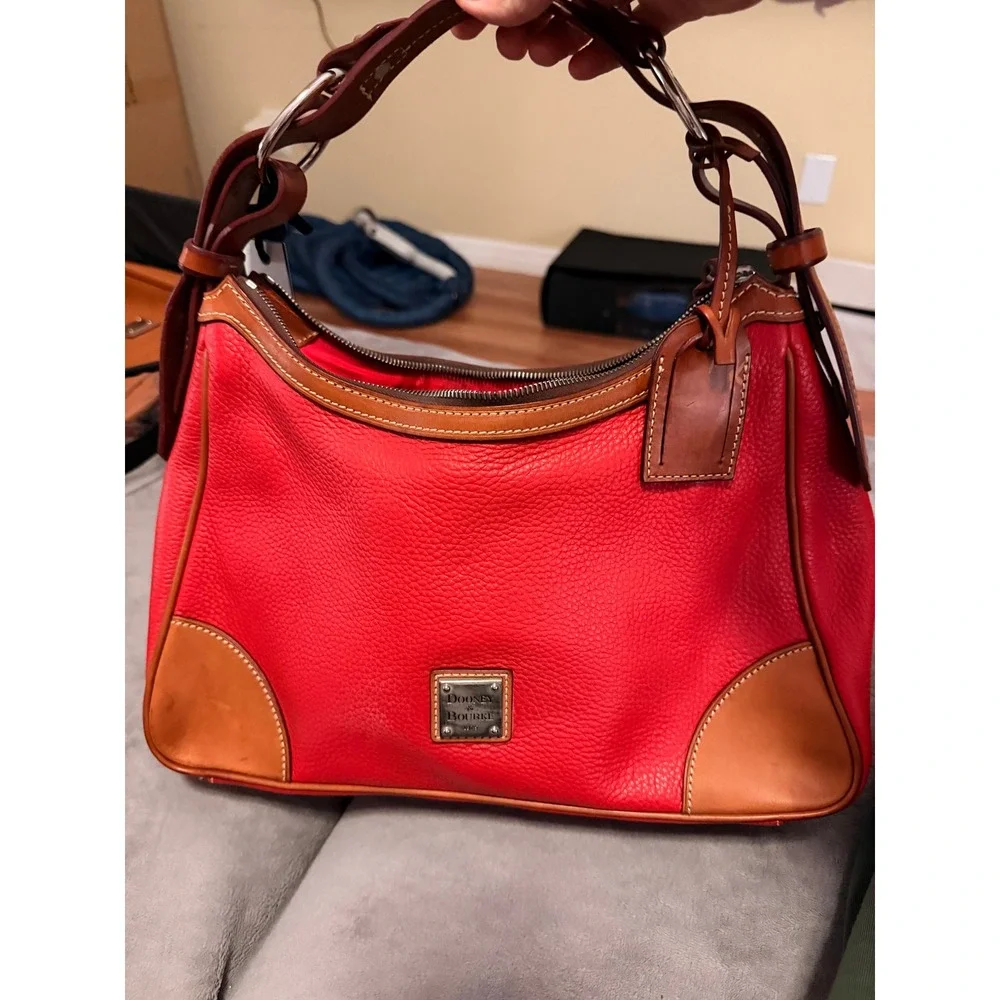 Dooney & Bourke Women Hobo Bag Red Pebbled Leather Harrison Zip Top Shoulder Bag